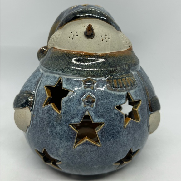 Ceramic Blue Holiday Snowman Tea Light Candle Holder with Star Cut Outs - Picture 2 of 8